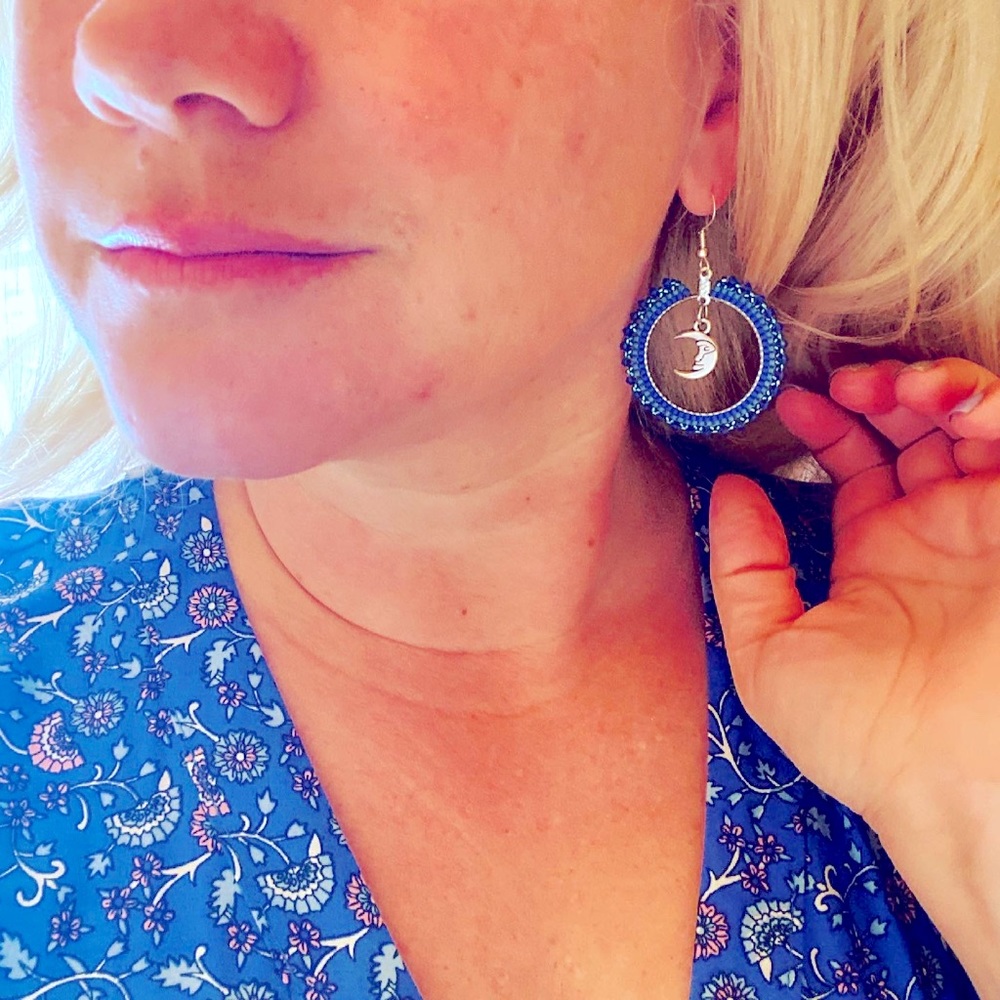 Boho Beaded HANDMADE Blue Moon Hoop Earrings - Picture 4 of 5